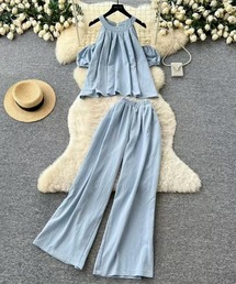 ホルターネック オープンショルダー ワイドパンツ ウエストゴム セットアップ
