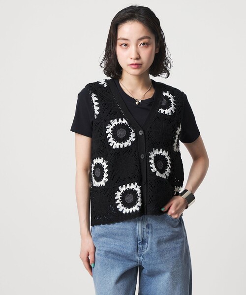 CITEN(シテン)の「<CITEN>クロシェ風ニットベスト(ベスト・レディース・オフホワイト/ブラック/ダークブラウン・FREE)」の3枚目の写真