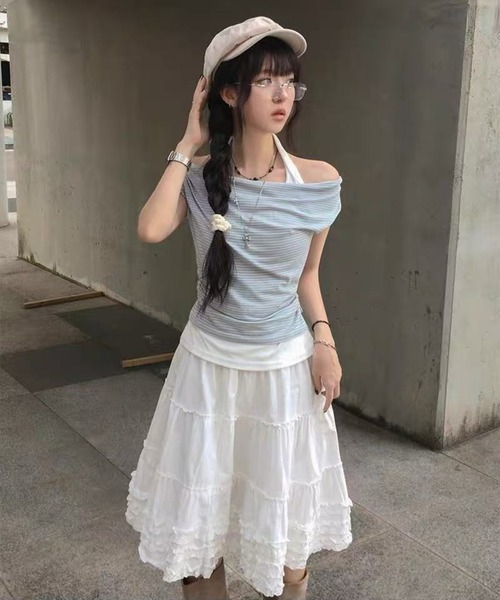 STAY MOTION（ステイモーション）の「【WEB限定】フリルティアードミディ丈スカート［骨格ウェーブ／ガーリー／フェミニン／韓国ファッション］（スカート・レディース・ホワイト/ブラック・F）」の8枚目の写真
