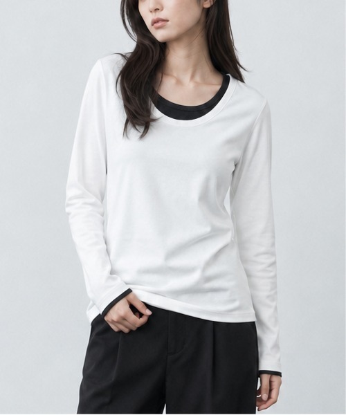 sunny branch（サニーブランチ）の「★Bd★レイヤード風 Uネック ロングスリーブTシャツ（Tシャツ/カットソー・レディース・ホワイト/チャコールグレー/グレー系/ブラック/マルチ・LARGE/X-LARGE/MEDIUM）」の2枚目の写真