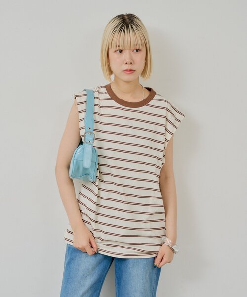 WHIMSIC（ウィムジック）の「【UNISEX/2サイズ展開】ボーダースリーブレスTシャツ（タンクトップ・メンズ・パープル/ブラウン/オフホワイト・2/1）」の4枚目の写真
