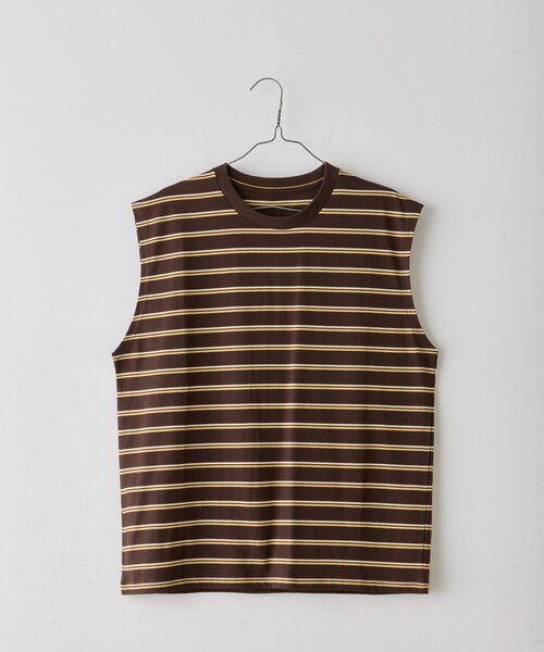 WHIMSIC（ウィムジック）の「【UNISEX/2サイズ展開】ボーダースリーブレスTシャツ（タンクトップ・メンズ・パープル/ブラウン/オフホワイト・2/1）」の16枚目の写真
