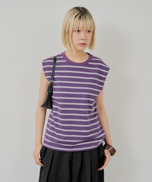 WHIMSIC（ウィムジック）の「【UNISEX/2サイズ展開】ボーダースリーブレスTシャツ（タンクトップ・メンズ・パープル/ブラウン/オフホワイト・2/1）」の7枚目の写真