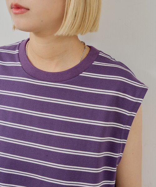 WHIMSIC（ウィムジック）の「【UNISEX/2サイズ展開】ボーダースリーブレスTシャツ（タンクトップ・メンズ・パープル/ブラウン/オフホワイト・2/1）」の11枚目の写真