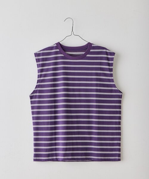 WHIMSIC（ウィムジック）の「【UNISEX/2サイズ展開】ボーダースリーブレスTシャツ（タンクトップ・メンズ・パープル/ブラウン/オフホワイト・2/1）」の6枚目の写真
