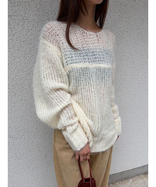 Henon.(ヘノン)の「シアーパフニット(ニット/セーター・レディース・ネイビー/グレー/オフホワイト・F)」の1枚目の写真