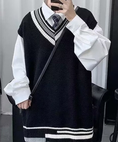 KELVIN(ケルヴァン)の「Line V-Neck Knit Vest ラインVネックニットベスト(ニット/セーター・メンズ・ブラック・LARGE/MEDIUM)」の7枚目の写真
