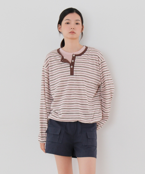 MOUI(モウイ)の「ストライプヘンリースウェットシャツ(ピンクブラウン)(Tシャツ/カットソー・レディース・その他・FREE)」の2枚目の写真