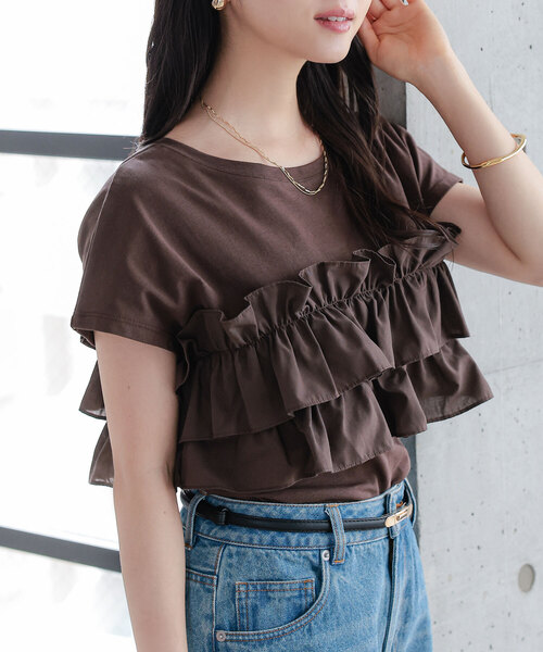 Petitle（プチレ）の「[ 低身長向けサイズ ] ティアードフリルTシャツ（Tシャツ/カットソー・レディース・ブラウン/ブラック/ホワイト系・PM）」の3枚目の写真