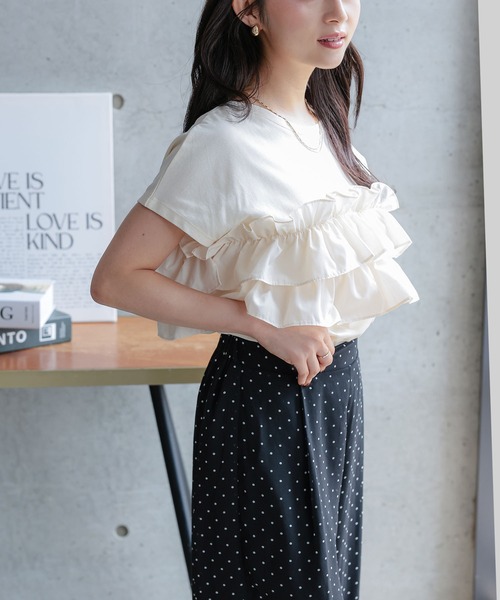 Petitle（プチレ）の「[ 低身長向けサイズ ] ティアードフリルTシャツ（Tシャツ/カットソー・レディース・ブラウン/ブラック/ホワイト系・PM）」の5枚目の写真
