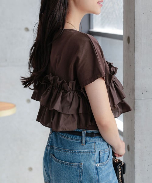 Petitle（プチレ）の「[ 低身長向けサイズ ] ティアードフリルTシャツ（Tシャツ/カットソー・レディース・ブラウン/ブラック/ホワイト系・PM）」の9枚目の写真