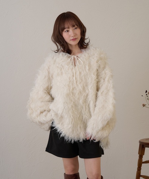 raffime(ラフィミー)の「【Raffime】前後2WAYフロントリボンシャギーニット(ニット/セーター・レディース・チャコールグレー/アイボリー/ボルドー/パープル/ベージュ・フリー)」の7枚目の写真