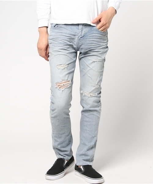 JACKROSE（ジャックローズ）の「ハイパーストレッチグレーシュ加工ダメージデニム（デニムパンツ・メンズ・サックスブルー・S/L/M/XL）」の7枚目の写真