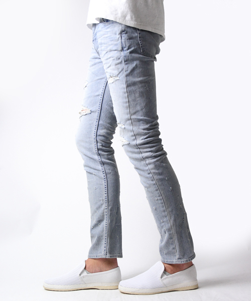 JACKROSE（ジャックローズ）の「ハイパーストレッチグレーシュ加工ダメージデニム（デニムパンツ・メンズ・サックスブルー・S/L/M/XL）」の2枚目の写真