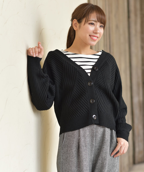 rps(アールピーエス)の「模様編みVネックショートカーディガン(カーディガン/ボレロ・レディース・ブラック/杢グレー/オフホワイト/マスタード・M)」の3枚目の写真