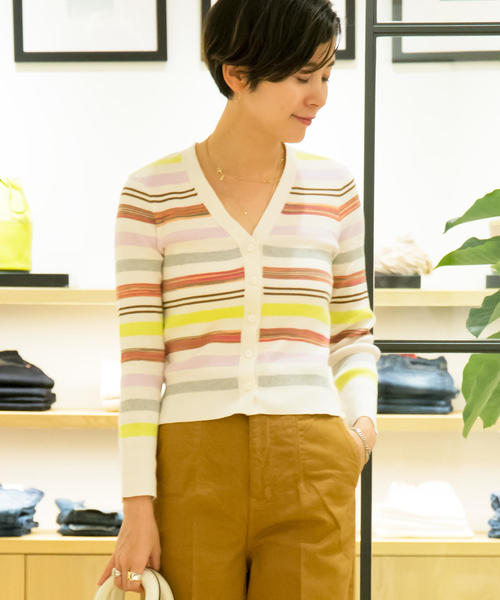 Macphee マカフィー の コットンリブマルチボーダー Vネックカーディガン カーディガン ボレロ Wear