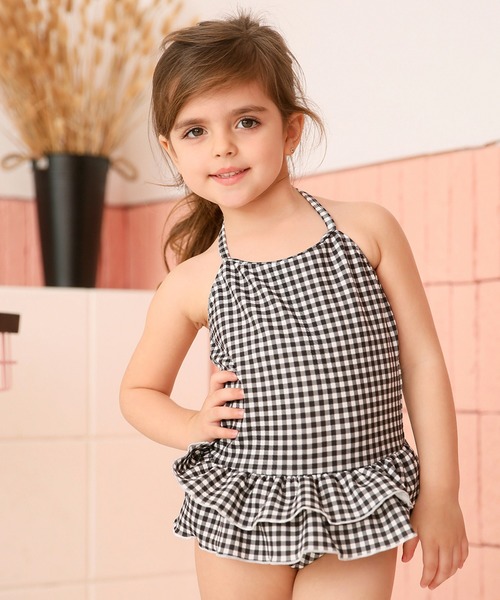 セール】キッズ チェック柄オールインワン女の子水着 ホルターネック