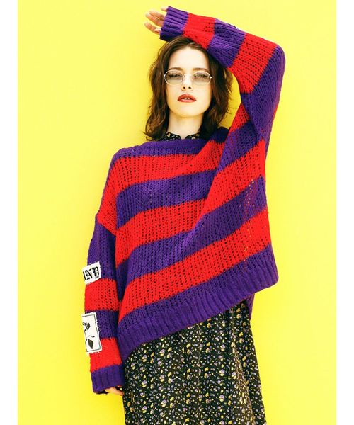 jouetie（ジュエティ）の「モヘアライクボーダールーズニット（ニット/セーター・レディース・パープル/オフホワイト/イエロー/オレンジ・MEDIUM）」の3枚目の写真