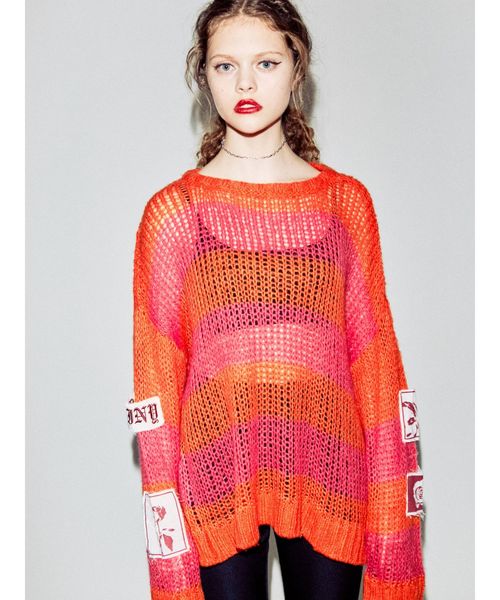 jouetie（ジュエティ）の「モヘアライクボーダールーズニット（ニット/セーター・レディース・パープル/オフホワイト/イエロー/オレンジ・MEDIUM）」の4枚目の写真