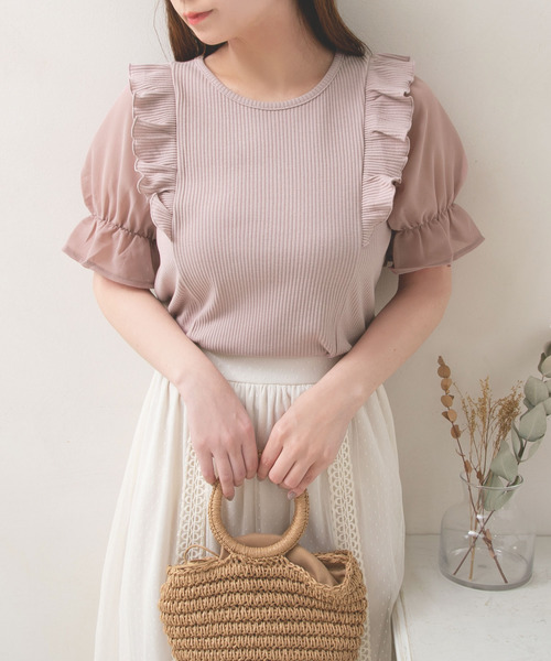 Newlyme（ニューリーミー）の「シフォン袖テレコトップス（Tシャツ/カットソー・レディース・アイボリー/ブラック/ブルー系その他/ライトピンク・MEDIUM/LARGE）」の4枚目の写真