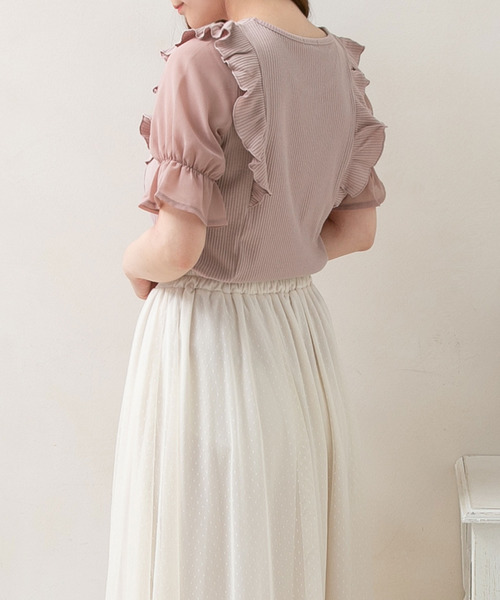 Newlyme（ニューリーミー）の「シフォン袖テレコトップス（Tシャツ/カットソー・レディース・アイボリー/ブラック/ブルー系その他/ライトピンク・MEDIUM/LARGE）」の6枚目の写真