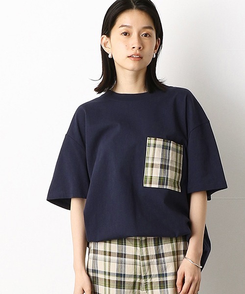 Purple&Yellow（パープルアンドイエロー）の「チェック柄胸ポケット　ワイド半袖Tシャツ（Tシャツ/カットソー・メンズ・グレイッシュベージュ/ホワイト/ネイビー・SMALL/MEDIUM/LARGE）」の10枚目の写真