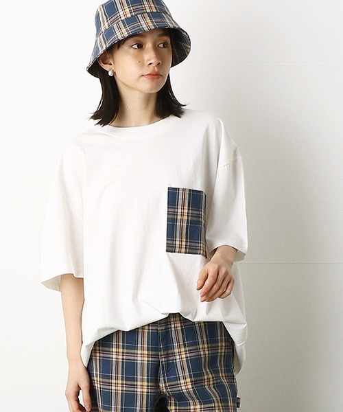 Purple&Yellow（パープルアンドイエロー）の「チェック柄胸ポケット　ワイド半袖Tシャツ（Tシャツ/カットソー・メンズ・グレイッシュベージュ/ホワイト/ネイビー・SMALL/MEDIUM/LARGE）」の11枚目の写真