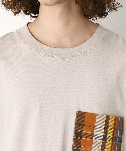 Purple&Yellow（パープルアンドイエロー）の「チェック柄胸ポケット　ワイド半袖Tシャツ（Tシャツ/カットソー・メンズ・グレイッシュベージュ/ホワイト/ネイビー・SMALL/MEDIUM/LARGE）」の15枚目の写真