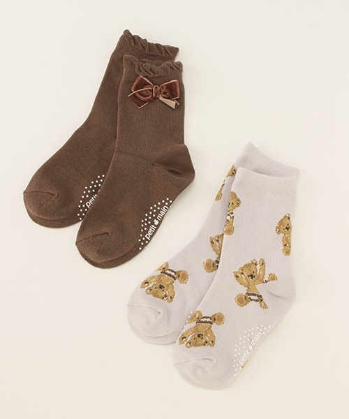 petit main（プティマイン）の「【くま柄】2Pクマ柄+リボンソックス（ソックス/靴下・キッズ・ラベンダー/オフホワイト・L/SS/M/S）」の2枚目の写真