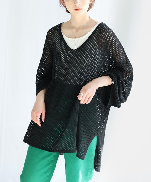 select MOCA（セレクトモカ）の「Vネック透かし編みニットトップス（ニット/セーター・レディース・ブラック/オレンジ/ブルー・FREE）」の16枚目の写真