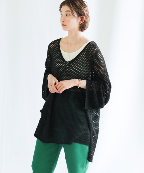 select MOCA（セレクトモカ）の「Vネック透かし編みニットトップス（ニット/セーター・レディース・ブラック/オレンジ/ブルー・FREE）」の18枚目の写真