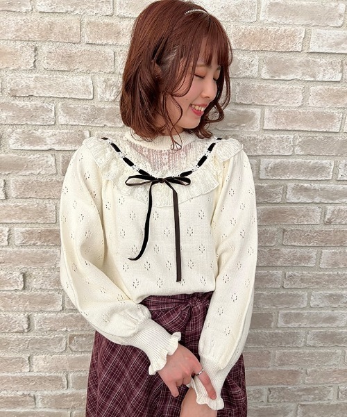 Rirandture ヨークレースショートニット セール】ヨークレース切替ニットPO（ニット/セーター）｜axes femme