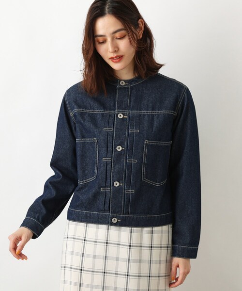 grove(グローブ)の「◆【S-3L】ノーカラーデニムジャケット(デニムジャケット・レディース・ライトブルー/ネイビー/アイボリー・01/02/03/04/05)」の4枚目の写真