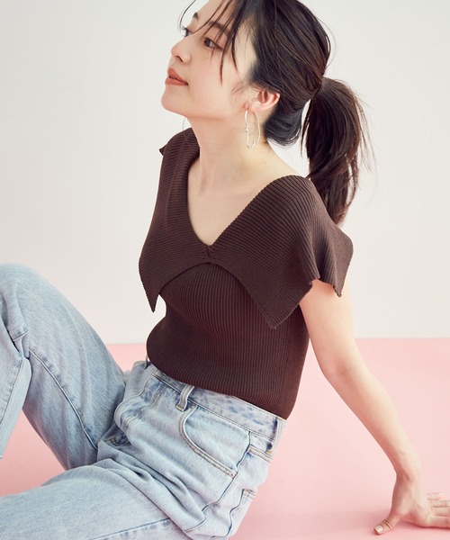 VIS(ビス)の「アシンメトリービッグカラーノースリーブニット【sustainable】(Tシャツ/カットソー・レディース・ネイビー/オレンジ系その他2/ホワイト/ダークブラウン・FREE)」の17枚目の写真