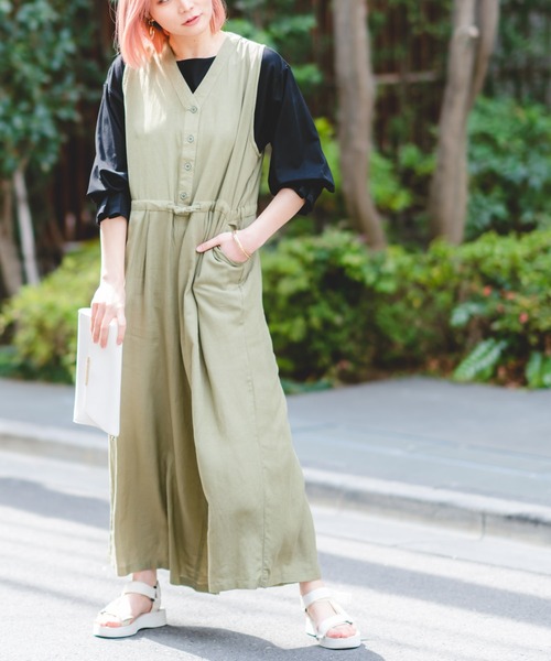 Wordtrobe（ワードトローブ）の「【wordtrobe】レーヨンフレックス ノースリーブ オールインワン サロペット（サロペット/オーバーオール・レディース・ライトグレー/グリーン/ブラック/ブラウン・FREE）」の4枚目の写真