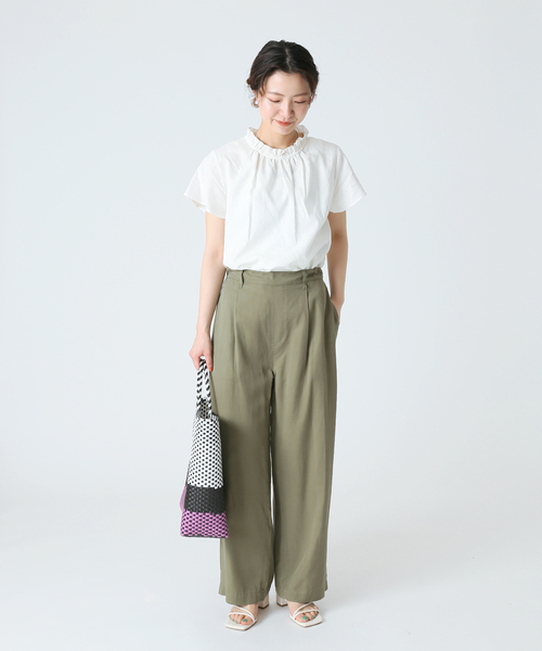 B.C STOCK（ベーセーストック）の「麻レーヨンネックフリルブラウス（シャツ/ブラウス・レディース・ホワイト/ネイビー/グリーン・FREE）」の8枚目の写真