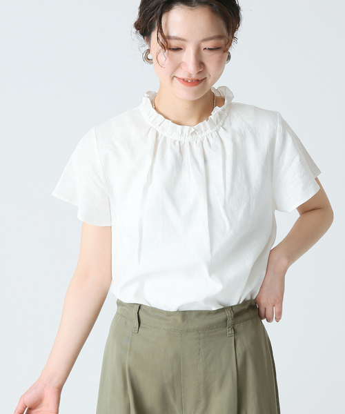 B.C STOCK（ベーセーストック）の「麻レーヨンネックフリルブラウス（シャツ/ブラウス・レディース・ホワイト/ネイビー/グリーン・FREE）」の9枚目の写真