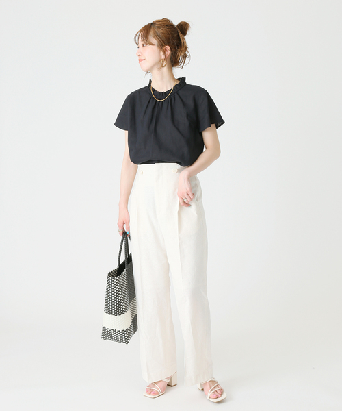 B.C STOCK（ベーセーストック）の「麻レーヨンネックフリルブラウス（シャツ/ブラウス・レディース・ホワイト/ネイビー/グリーン・FREE）」の16枚目の写真