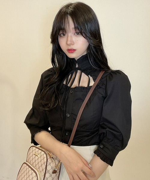 TITTY&CO.（ティティーアンドコー）の「【TITTY&CO.】デコルテフリルリボンタイ5分袖シャツ（シャツ/ブラウス・レディース・ホワイト/ブラック・FREE）」の9枚目の写真