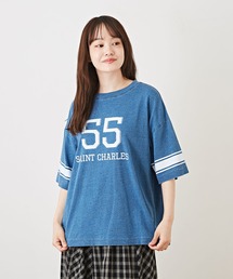 CUBE SUGAR（キューブシュガー）の「WEB限定インディゴ天竺袖ラインナンバリングロゴTシャツ（Tシャツ/カットソー）」