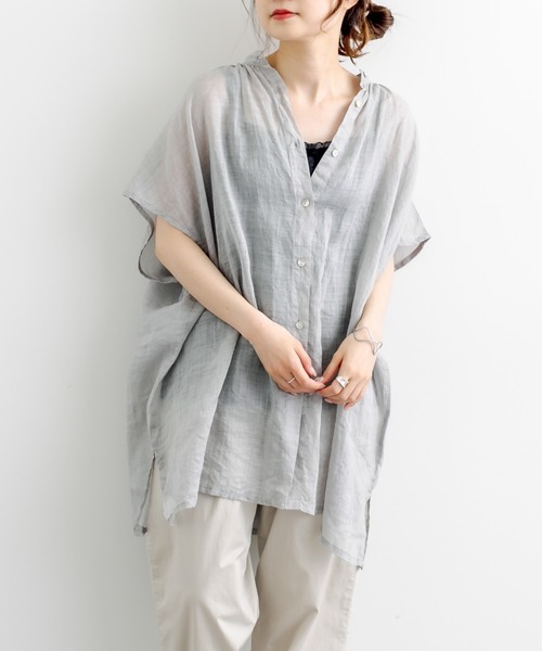 PUAL CE CIN（ピュアルセシン）の「【Du noir】ラミーリネン バンドカラーチュニックブラウス（シャツ/ブラウス・レディース・ホワイト/ブラック/グレー・FREE）」の4枚目の写真