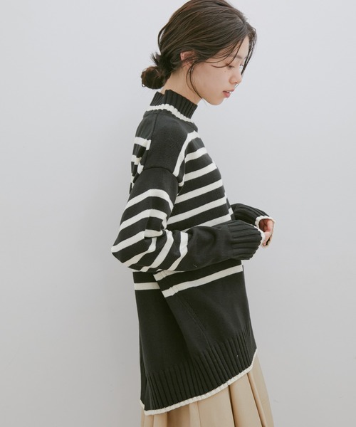 【新色追加】【洗える】ボーダー＆無地バックスリットニット【sustainable】