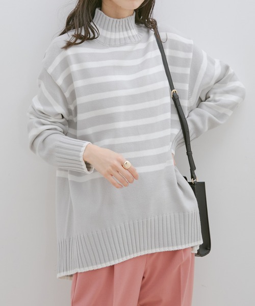 【新色追加】【洗える】ボーダー＆無地バックスリットニット【sustainable】