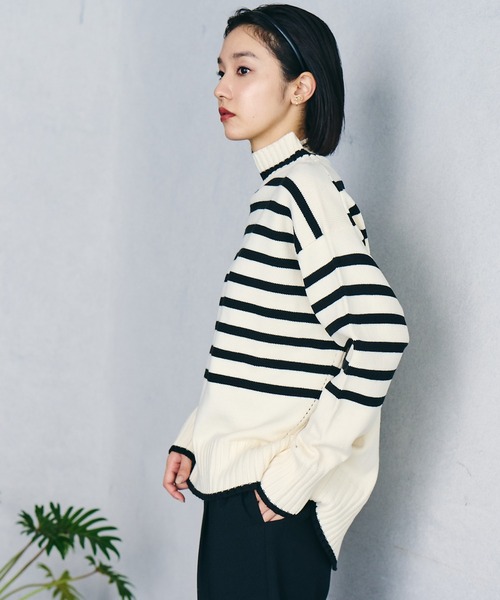 VIS（ビス）の「【洗える】ボーダー＆無地バックスリットニット【sustainable】（ニット/セーター・レディース・ブラック/オフホワイト/サックスブルー/ピンク/オレンジ/ホワイト系その他5/ブラック系その他/ラベンダー/グレー系その他/ネイビー・S/M）」の16枚目の写真