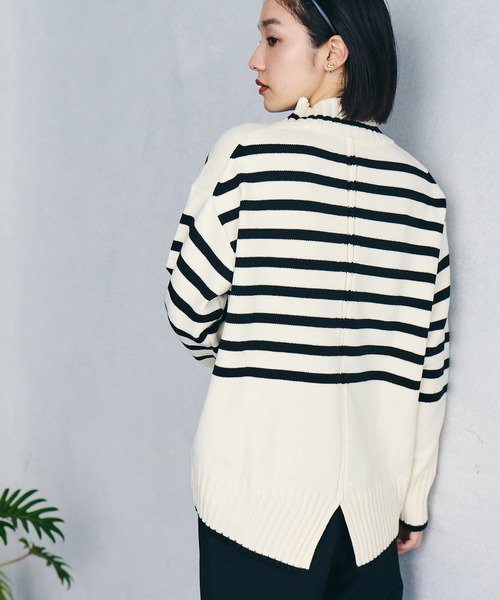 VIS（ビス）の「【洗える】ボーダー＆無地バックスリットニット【sustainable】（ニット/セーター・レディース・ブラック/オフホワイト/サックスブルー/ピンク/オレンジ/ホワイト系その他5/ブラック系その他/ラベンダー/グレー系その他/ネイビー・S/M）」の18枚目の写真