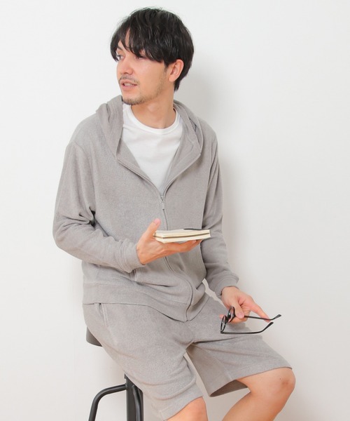 sleeping.com（スリーピングドットコム）の「オリジナルの香り付き素材 メンズ・ゆるふわダブルパイルカットソージップアップパーカー（ルームウェア/パジャマ・メンズ・ネイビー/ベージュ/オリーブ/ライトグレー/スカイブルー・ﾌﾘ-）」の8枚目の写真