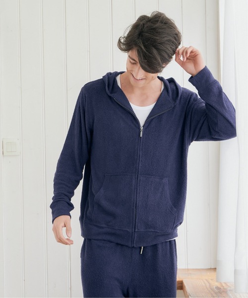 sleeping.com（スリーピングドットコム）の「オリジナルの香り付き素材 メンズ・ゆるふわダブルパイルカットソージップアップパーカー（ルームウェア/パジャマ・メンズ・ネイビー/ベージュ/オリーブ/ライトグレー/スカイブルー・ﾌﾘ-）」の6枚目の写真