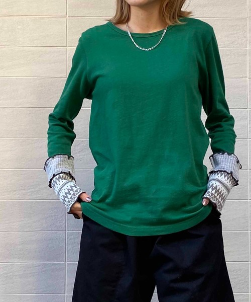 NANEA(ナネア)の「ガーゼ天竺・袖口切り替えクルーネックT(Tシャツ/カットソー・レディース・チャコールグレー/オフホワイト/杢グレー/オレンジ/パープル/グリーン・ONE SIZE)」の22枚目の写真