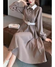 配色シャツワンピース
