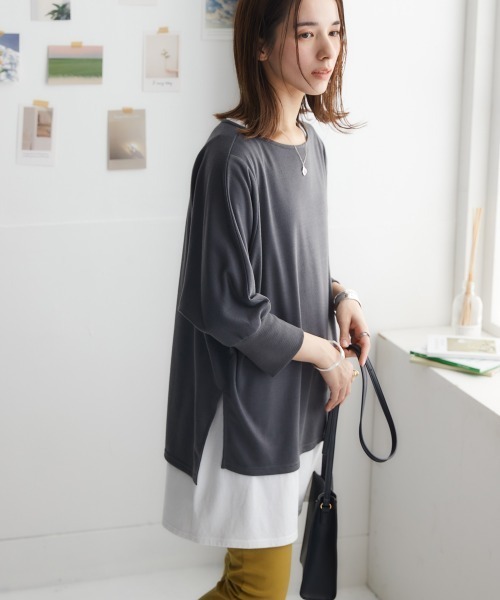 nissen(ニッセン)の「裏毛ボートネックドルマントップス(Tシャツ/カットソー・レディース・チャコールグレー/ライトカーキ/サンドベージュ/ネイビー・L/LL/M/S)」の5枚目の写真